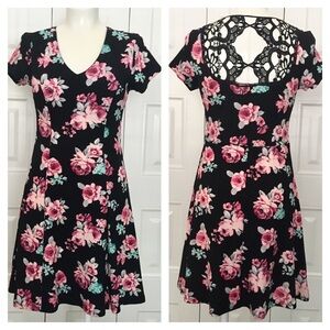 Caged back black floral waffle weave dress size M - LAST ONE